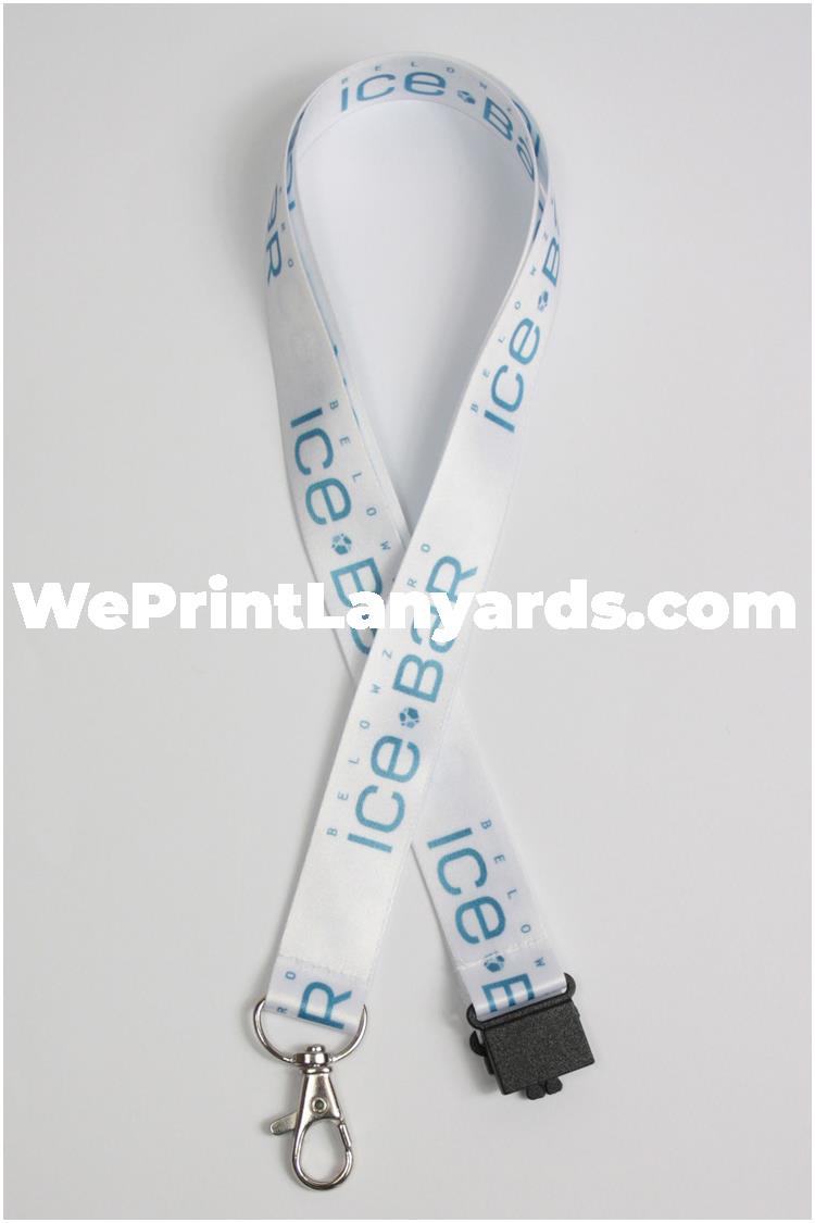 White lanyard with blue logo printed